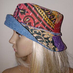 Kantha & Denim Bucket Hat Reversible Dk. Green Purple Red Patchwork BHAT10.